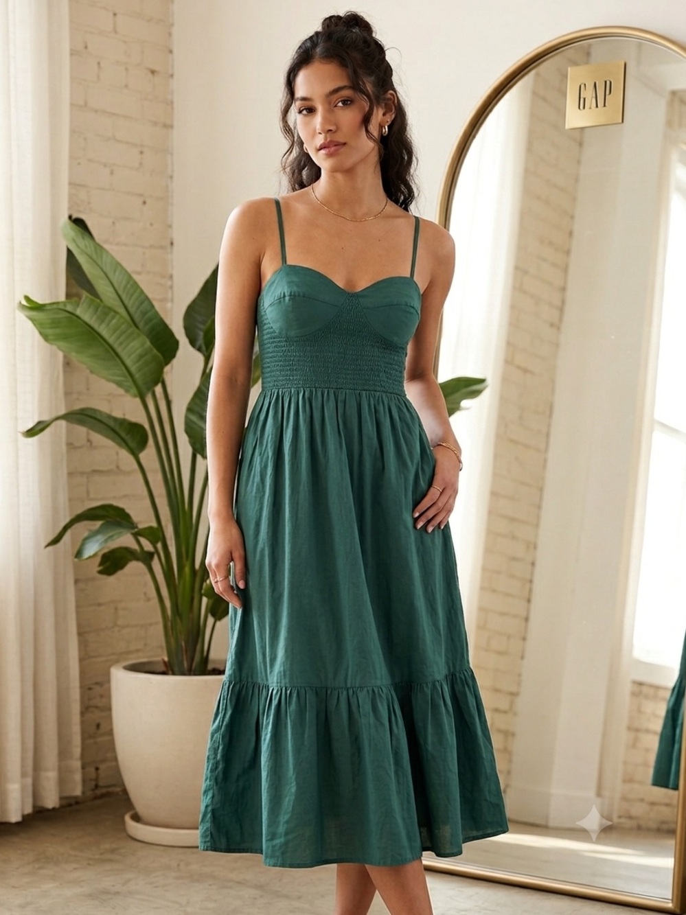 GAP Forest Green Smocked Bustier Midi Sundress 100% Cotton S Petite